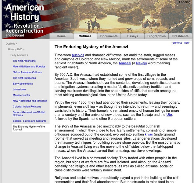 American History: Outlines: The Enduring Mystery of the Anasazi Handout