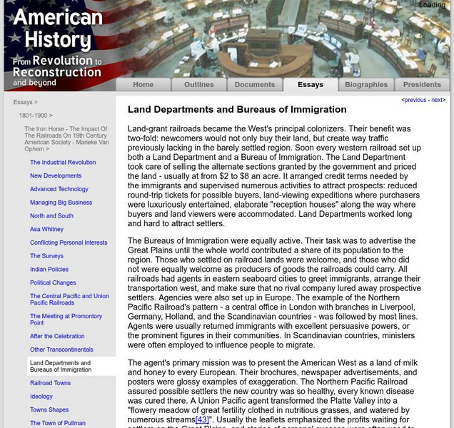 American History: Essays: The Iron Horse: Land Departments and Immigration Article American History: Essays: The Iron Horse: Land Departments and Immigration Article