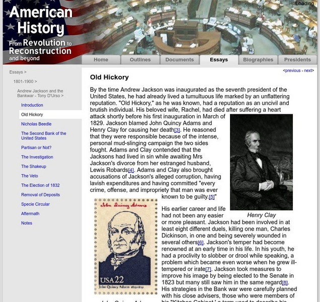 American History: Essays: Andrew Jackson and the Bankwar: Old Hickory Article American History: Essays: Andrew Jackson and the Bankwar: Old Hickory Article