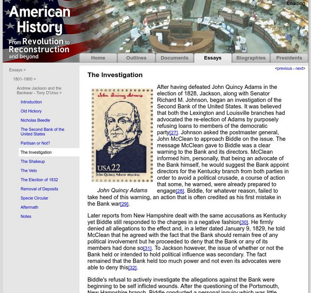 American History: Essays: Andrew Jackson and the Bankwar: The Investigation Article American History: Essays: Andrew Jackson and the Bankwar: The Investigation Article