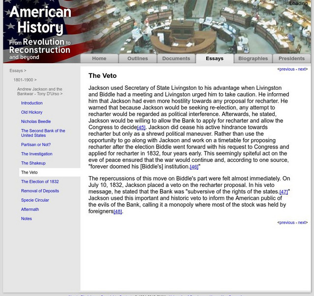 American History: Essays: Andrew Jackson and the Bankwar: The Veto Article