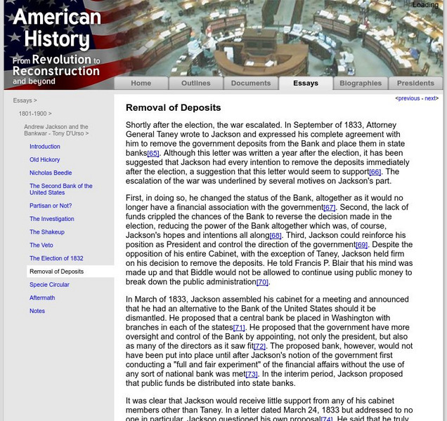 American History: Essays: Andrew Jackson and Bankwar: Removal of Deposits Article American History: Essays: Andrew Jackson and Bankwar: Removal of Deposits Article