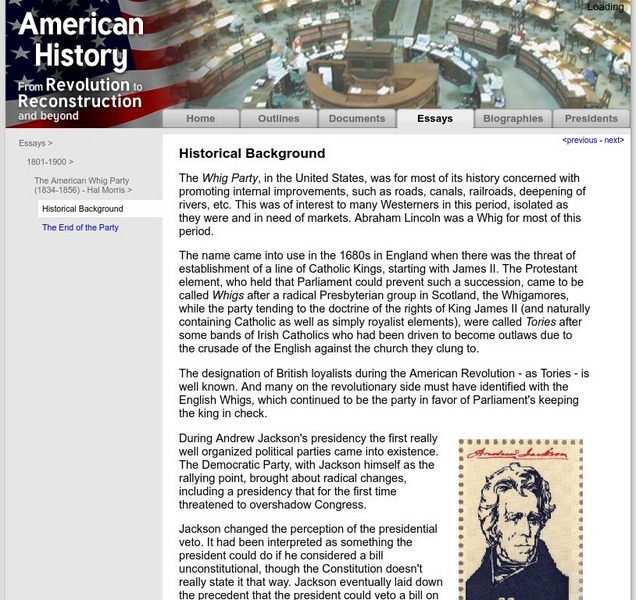 American History: Essays: The American Whig Party: Historical Background Article