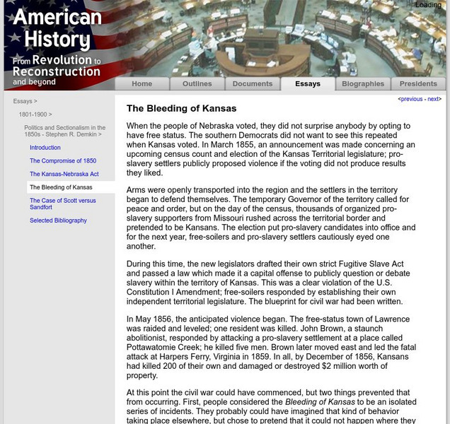 American History: Essays: Politics and Sectionalism: The Bleeding of Kansas Article American History: Essays: Politics and Sectionalism: The Bleeding of Kansas Article