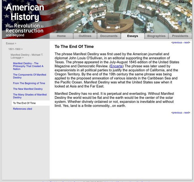 American History: Essays: Manifest Destiny: To the End of Time Handout