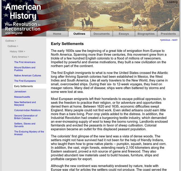 American History: Outlines: Early Settlements Handout American History: Outlines: Early Settlements Handout