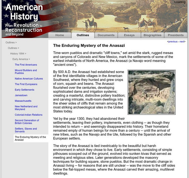American History: Outlines: The Enduring Mystery of the Anasazi Handout American History: Outlines: The Enduring Mystery of the Anasazi Handout