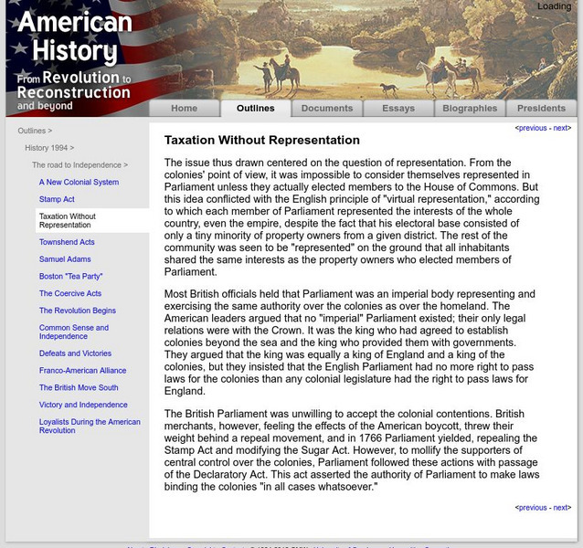 American History: Outlines: Taxation Without Representation Handout American History: Outlines: Taxation Without Representation Handout