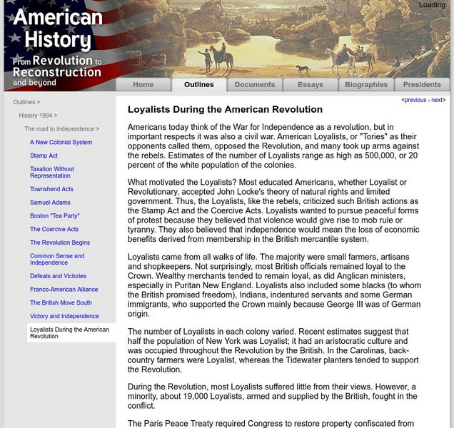 American History: Outlines: Loyalists During the American Revolution Handout American History: Outlines: Loyalists During the American Revolution Handout