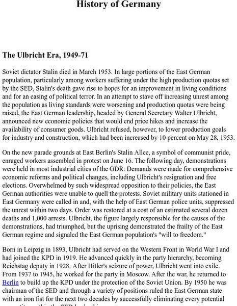 Mother Earth Travel: History of Germany: The Ulbricht Era, 1949 71 Website Mother Earth Travel: History of Germany: The Ulbricht Era, 1949 71 Website