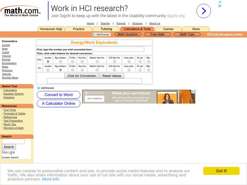 Math.com: Energy/work Equivalents Interactive Math.com: Energy/work Equivalents Interactive