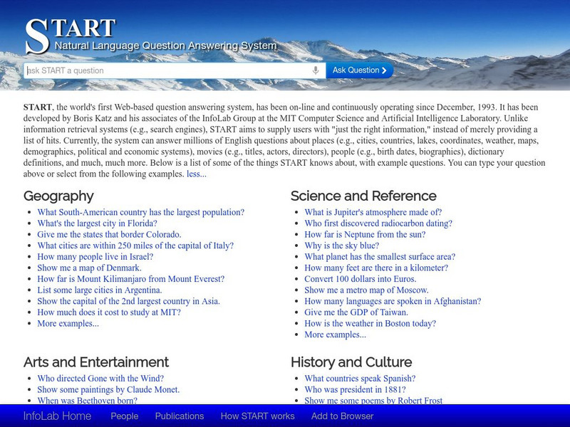 Mit: The Start Natural Language Question Answering System Website Mit: The Start Natural Language Question Answering System Website