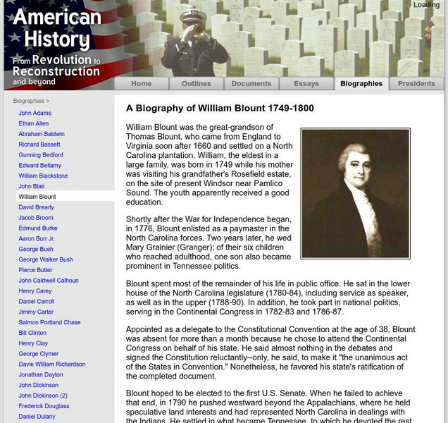 American History: Biographies: William Blount 1749 1800 Handout American History: Biographies: William Blount 1749 1800 Handout