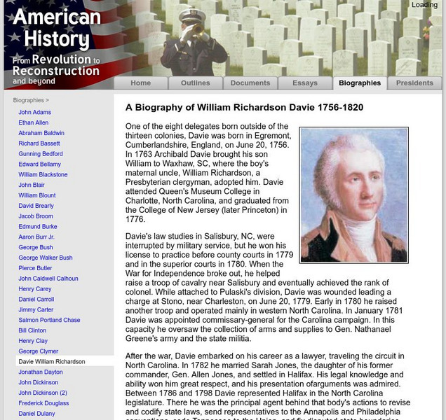 American History: Biographies: William Richardson Davie 1756 1820 Handout American History: Biographies: William Richardson Davie 1756 1820 Handout