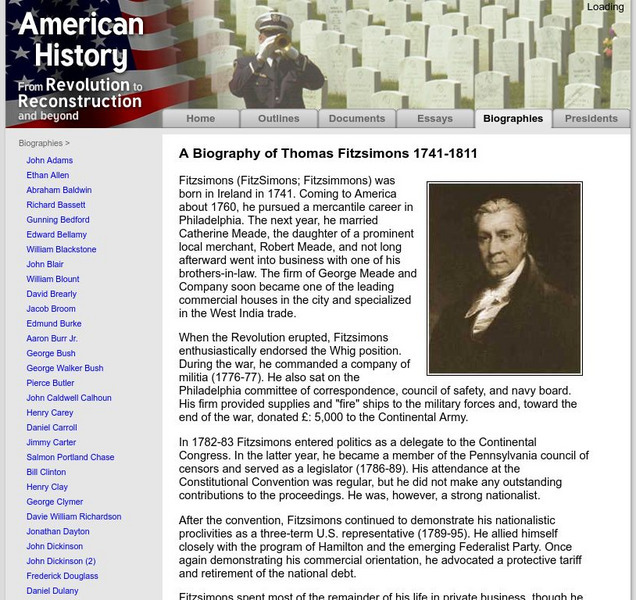 American History: Biographies: Thomas Fitzsimons 1741 1811 Handout American History: Biographies: Thomas Fitzsimons 1741 1811 Handout