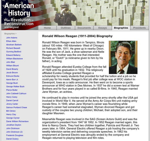 American History: Biographies: Ronald Wilson Reagan (1911 2004) Handout American History: Biographies: Ronald Wilson Reagan (1911 2004) Handout