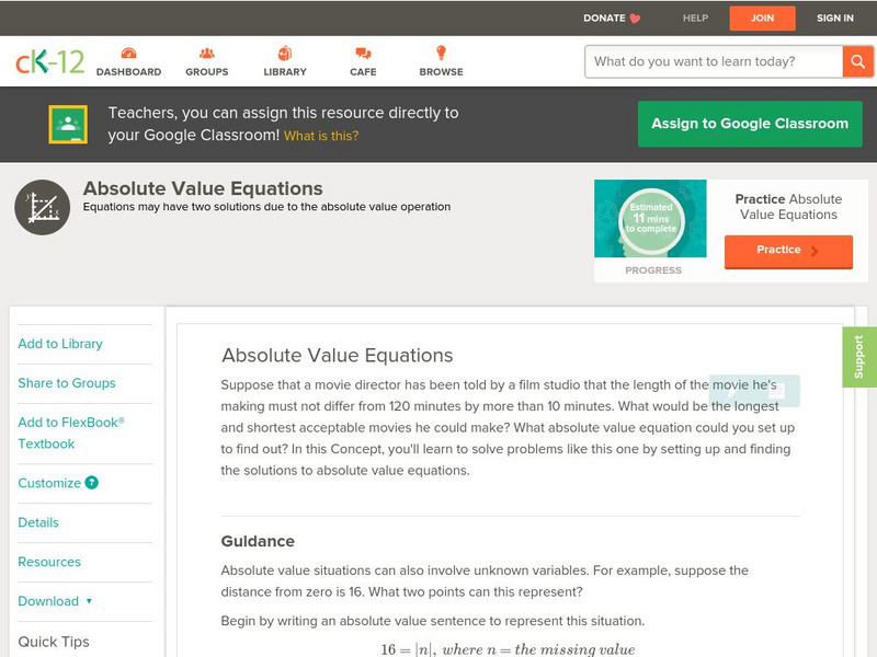 Ck 12: Algebra: Absolute Value Equations Unit Plan Ck 12: Algebra: Absolute Value Equations Unit Plan