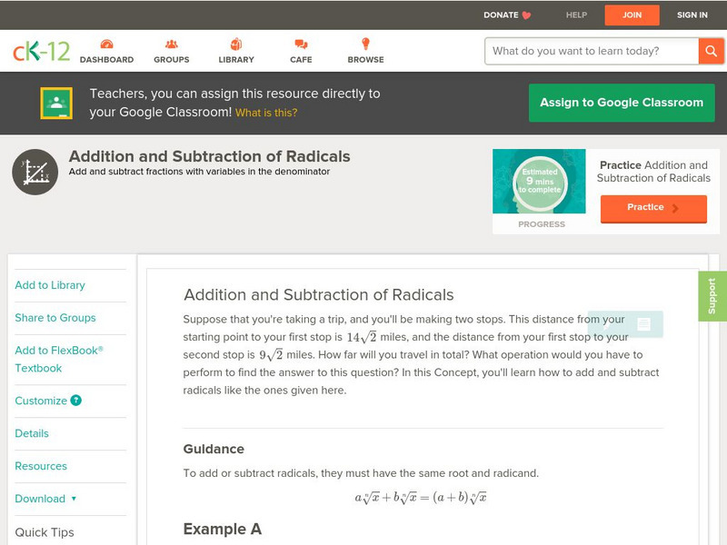 Ck 12: Algebra: Addition and Subtraction of Radicals Unit Plan Ck 12: Algebra: Addition and Subtraction of Radicals Unit Plan