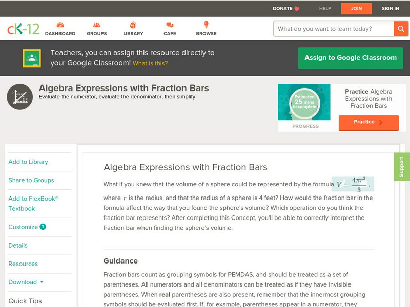 Ck 12: Algebra: Algebra Expressions With Fraction Bars Unit Plan Ck 12: Algebra: Algebra Expressions With Fraction Bars Unit Plan