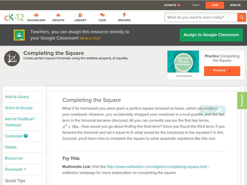 Ck 12: Algebra: Completing the Square Unit Plan