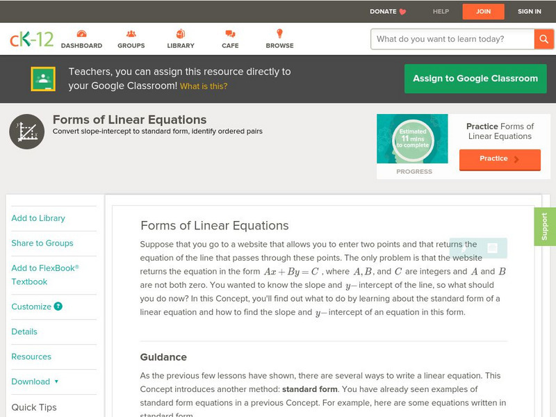 Ck 12: Algebra: Forms of Linear Equations Unit Plan Ck 12: Algebra: Forms of Linear Equations Unit Plan