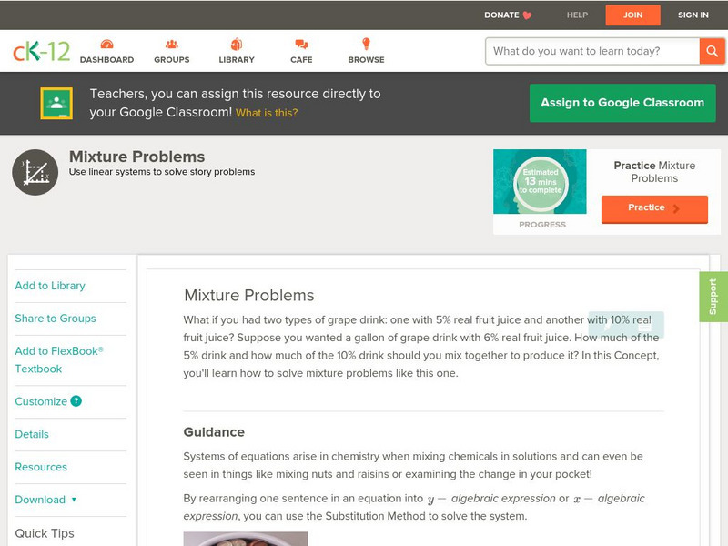 Ck 12: Algebra: Mixture Problems Unit Plan Ck 12: Algebra: Mixture Problems Unit Plan