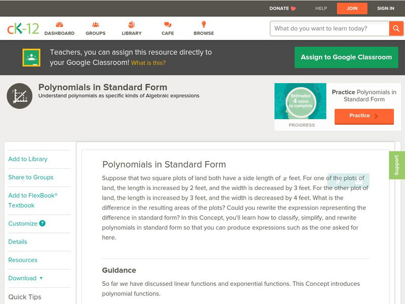 Ck 12: Algebra: Polynomials in Standard Form Unit Plan Ck 12: Algebra: Polynomials in Standard Form Unit Plan