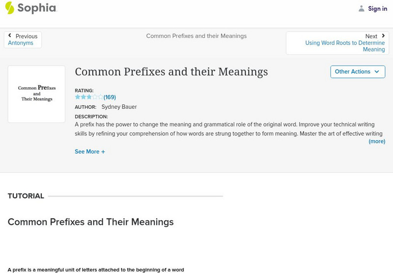 Sophia: Common Prefixes and Their Meanings Unit Plan Sophia: Common Prefixes and Their Meanings Unit Plan