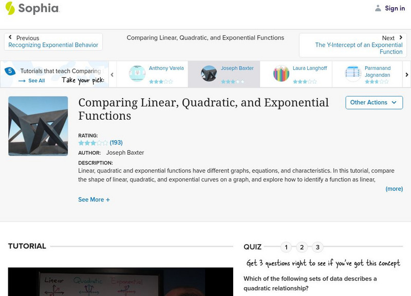 Sophia: Algebra I: Comparing Linear, Quadratic, and Exponential Functions Instructional Video