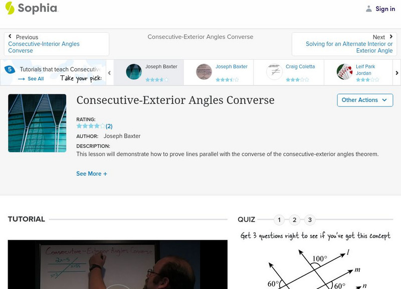 Sophia: Consecutive Exterior Angles Converse Instructional Video Sophia: Consecutive Exterior Angles Converse Instructional Video