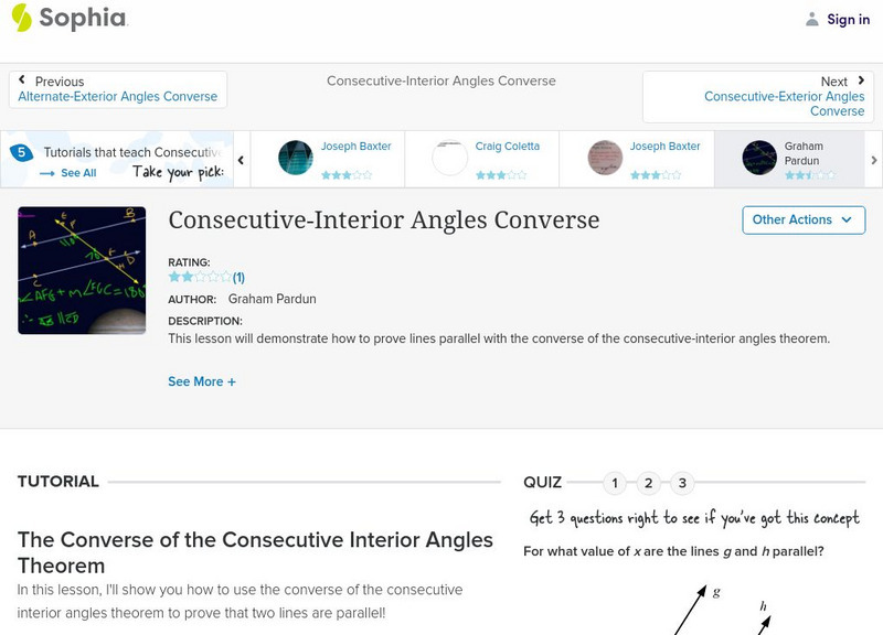 Sophia: Consecutive Interior Angles Converse Instructional Video Sophia: Consecutive Interior Angles Converse Instructional Video