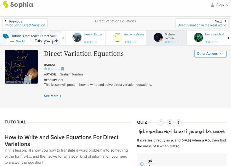 Sophia: Direct Variation Equations Instructional Video Sophia: Direct Variation Equations Instructional Video