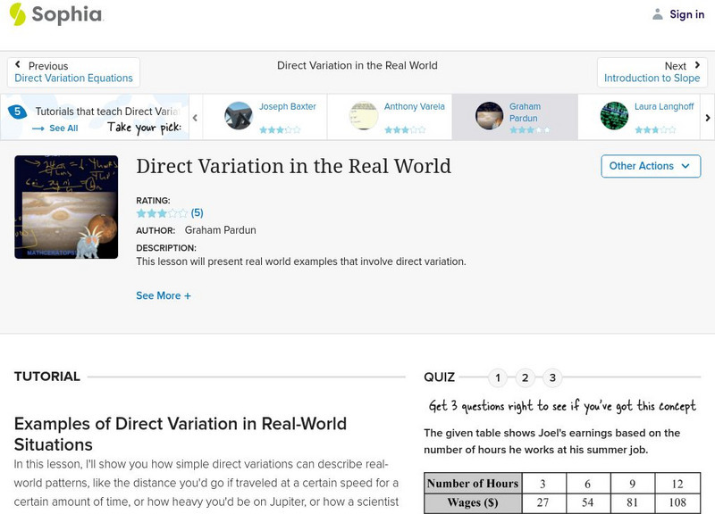 Sophia: Direct Variation in the Real World Instructional Video Sophia: Direct Variation in the Real World Instructional Video