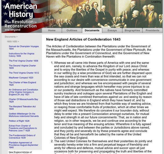 American History: Documents: New England Articles of Confederation 1643 Primary American History: Documents: New England Articles of Confederation 1643 Primary