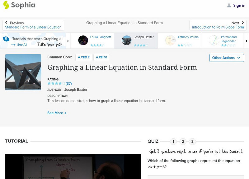 Sophia: Graphing a Linear Equation in Standard Form Instructional Video Sophia: Graphing a Linear Equation in Standard Form Instructional Video
