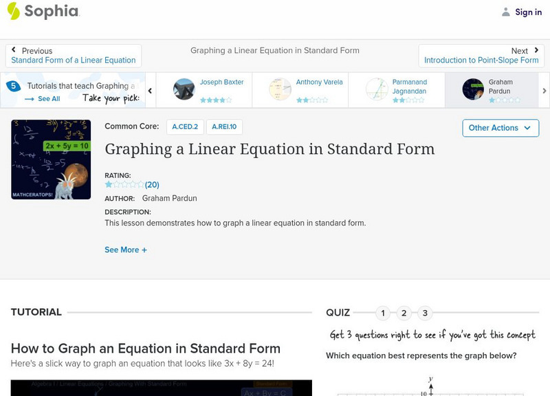 Sophia: Graphing a Linear Equation in Standard Form Instructional Video Sophia: Graphing a Linear Equation in Standard Form Instructional Video