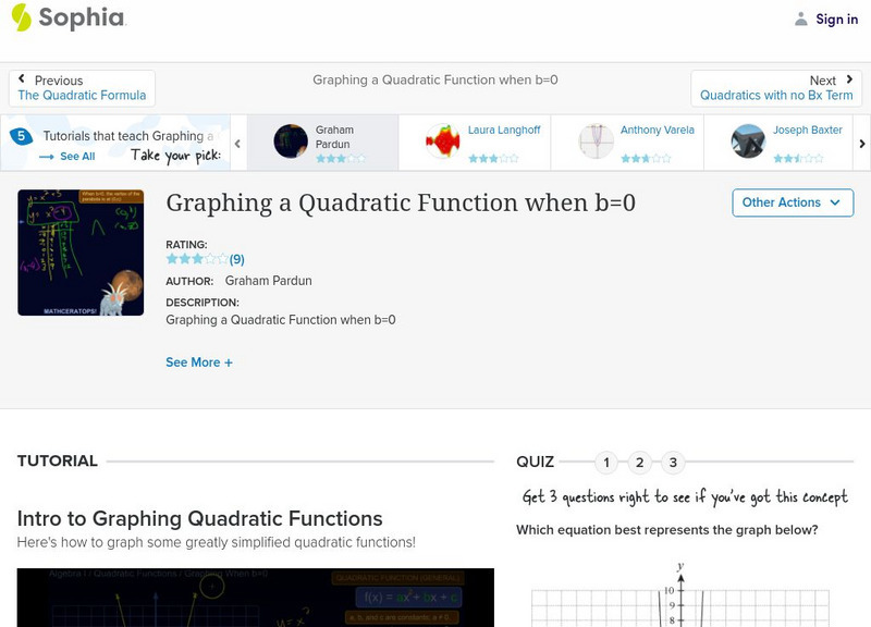 Sophia: Graphing a Quadratic Function When B=0 Instructional Video Sophia: Graphing a Quadratic Function When B=0 Instructional Video