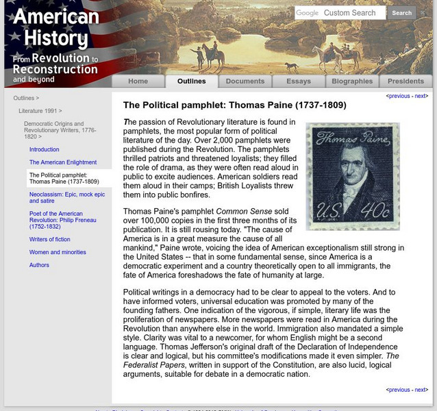 American History: Outlines: The Political Pamphlet: Thomas Paine (1737 1809) Handout