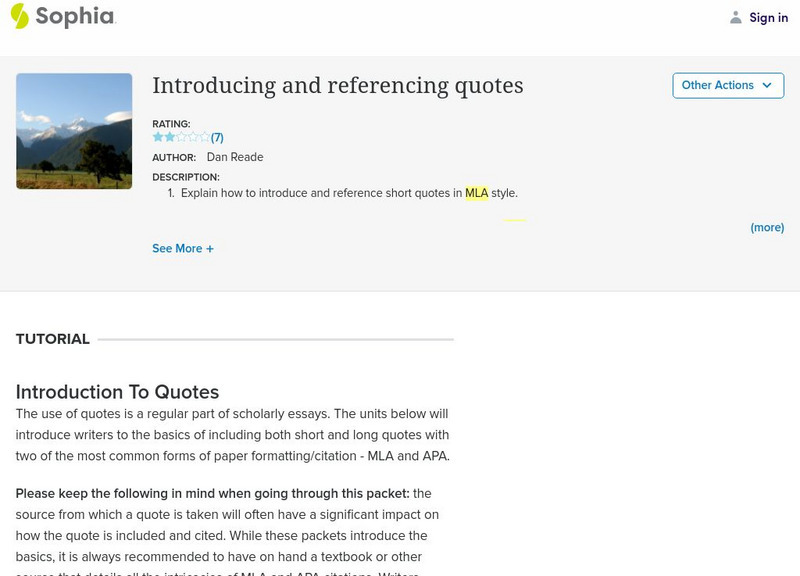 Sophia: Introducing and Referencing Quotes Instructional Video Sophia: Introducing and Referencing Quotes Instructional Video