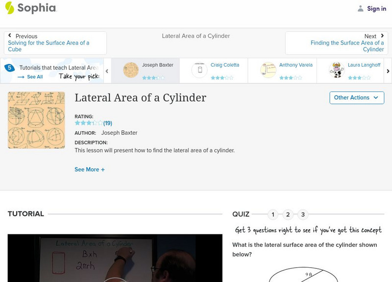 Sophia: Lateral Area of a Cylinder Tutorial Instructional Video Sophia: Lateral Area of a Cylinder Tutorial Instructional Video