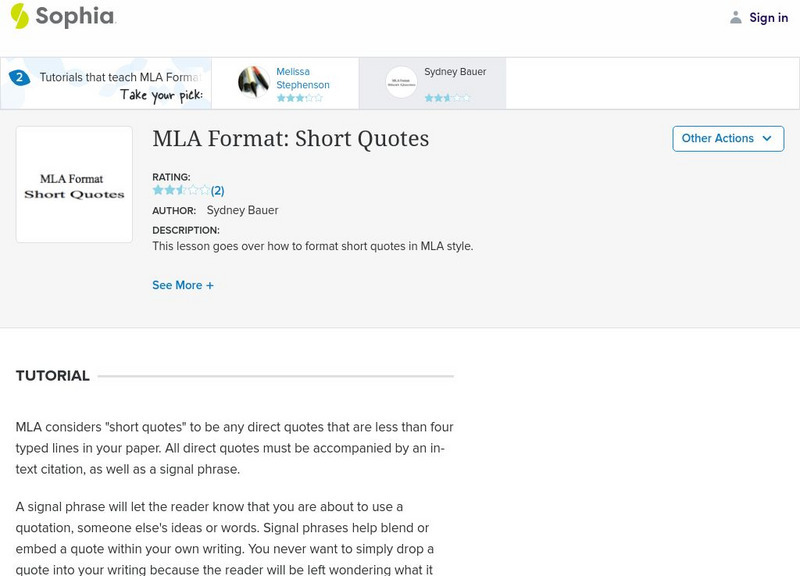 Sophia: Mla Format: Short Quotes Activity Sophia: Mla Format: Short Quotes Activity