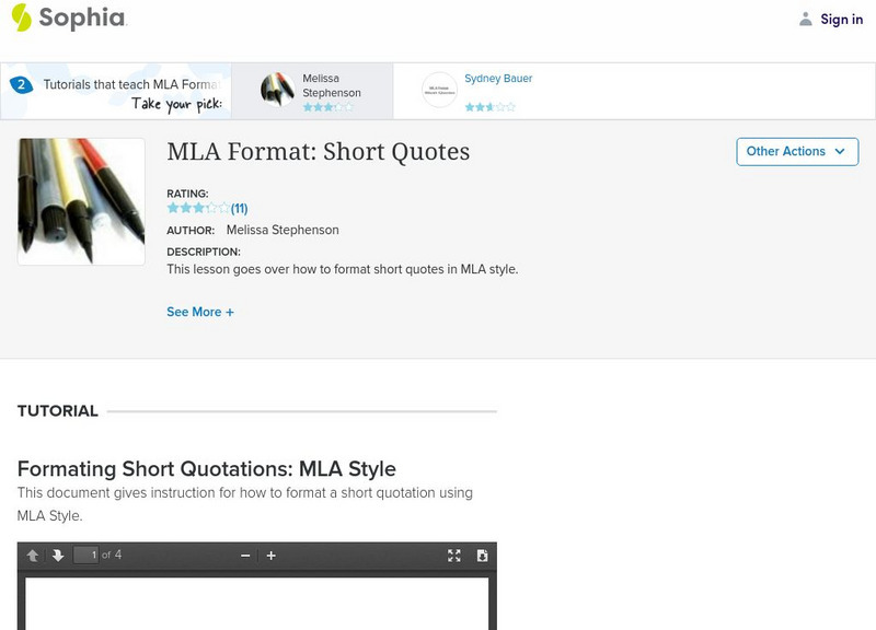 Sophia: Mla Format: Short Quotes Website Sophia: Mla Format: Short Quotes Website