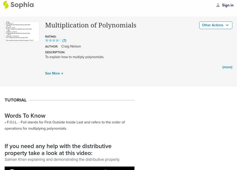 Sophia: Multiplication of Polynomials Instructional Video Sophia: Multiplication of Polynomials Instructional Video
