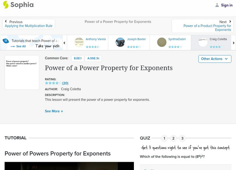 Sophia: Power of a Power Property for Exponents Instructional Video Sophia: Power of a Power Property for Exponents Instructional Video