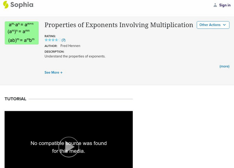 Sophia: Properties of Exponents Involving Multiplication Instructional Video Sophia: Properties of Exponents Involving Multiplication Instructional Video