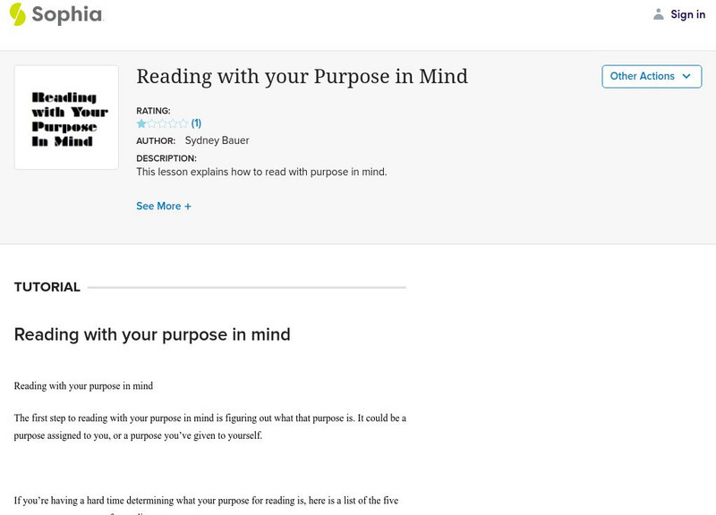 Sophia: Reading With Your Purpose in Mind Unit Plan Sophia: Reading With Your Purpose in Mind Unit Plan