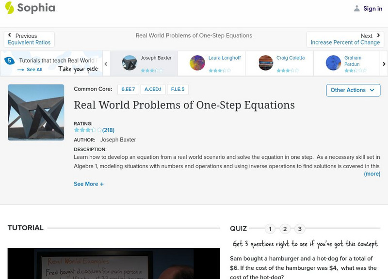 Sophia: Real World Problems of One Step Equations Instructional Video Sophia: Real World Problems of One Step Equations Instructional Video