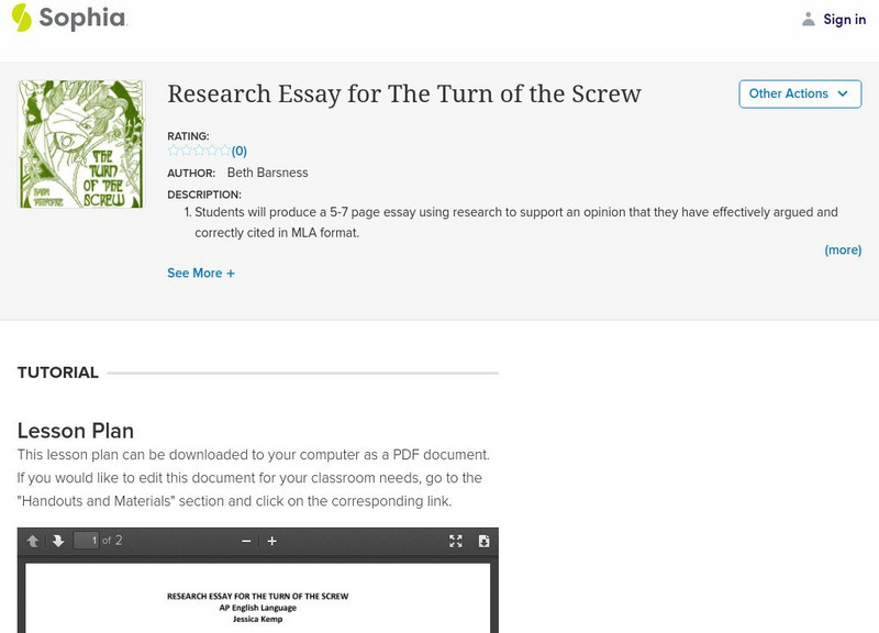 Sophia: Research Essay for the Turn of the Screw Lesson Plan Sophia: Research Essay for the Turn of the Screw Lesson Plan