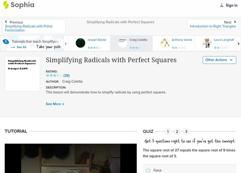 Sophia: Simplifying Radicals With Perfect Squares Instructional Video Sophia: Simplifying Radicals With Perfect Squares Instructional Video