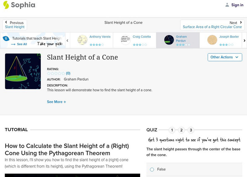 Sophia slant height of a cone instructional video for 9th 10th grade
